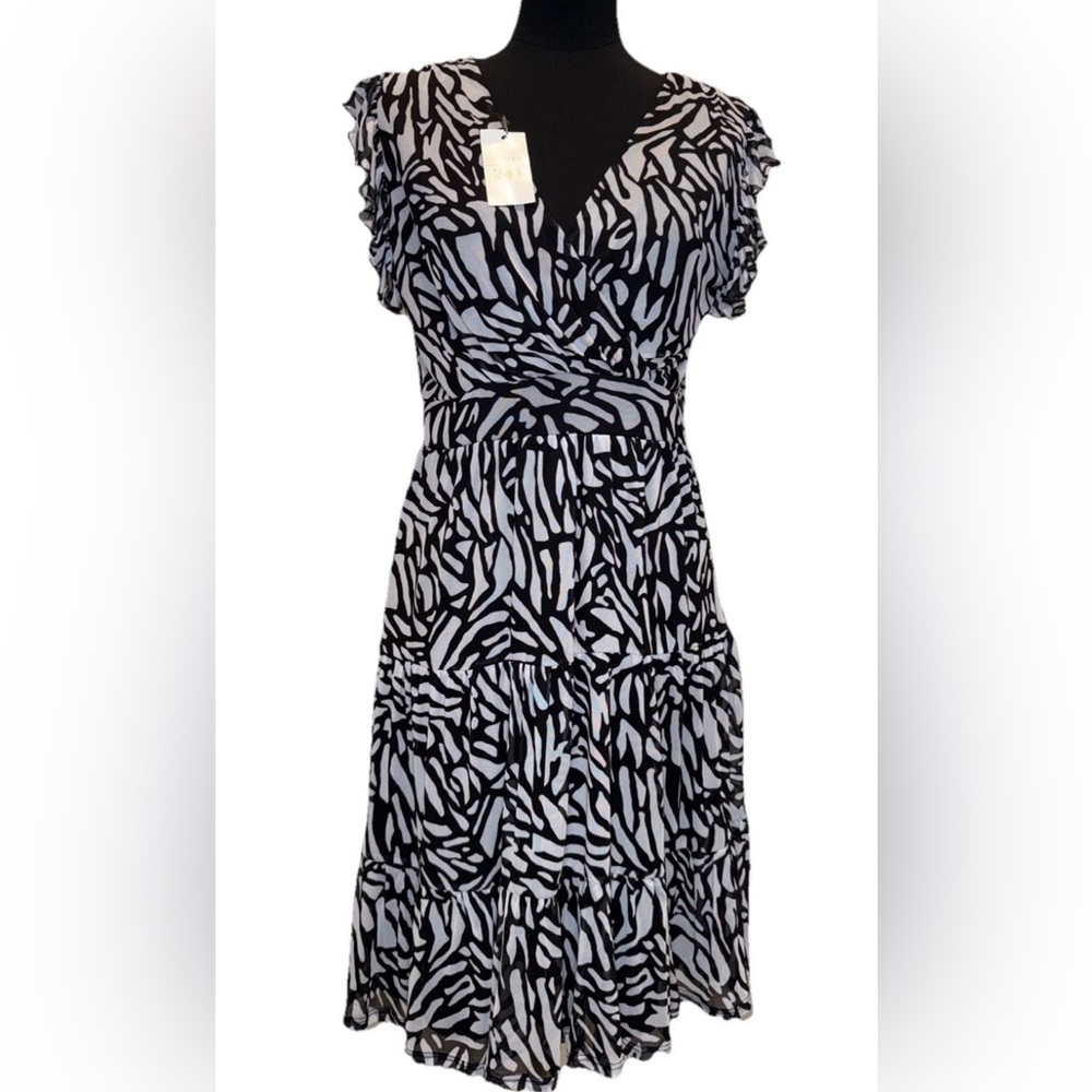 Harper 241 Women's Short Sleeve Black/Off White Printed Dress, Lined, Small, NWT